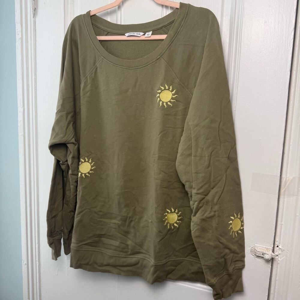 Peace Love World Embroidered Sun French Terry Sweatshirt Womens 2X Olive NWOT